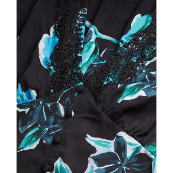 The Kooples Black & Blue Floral Print V-Neck Lace Trim Buttoned Mini Dress - Picture 7 of 10